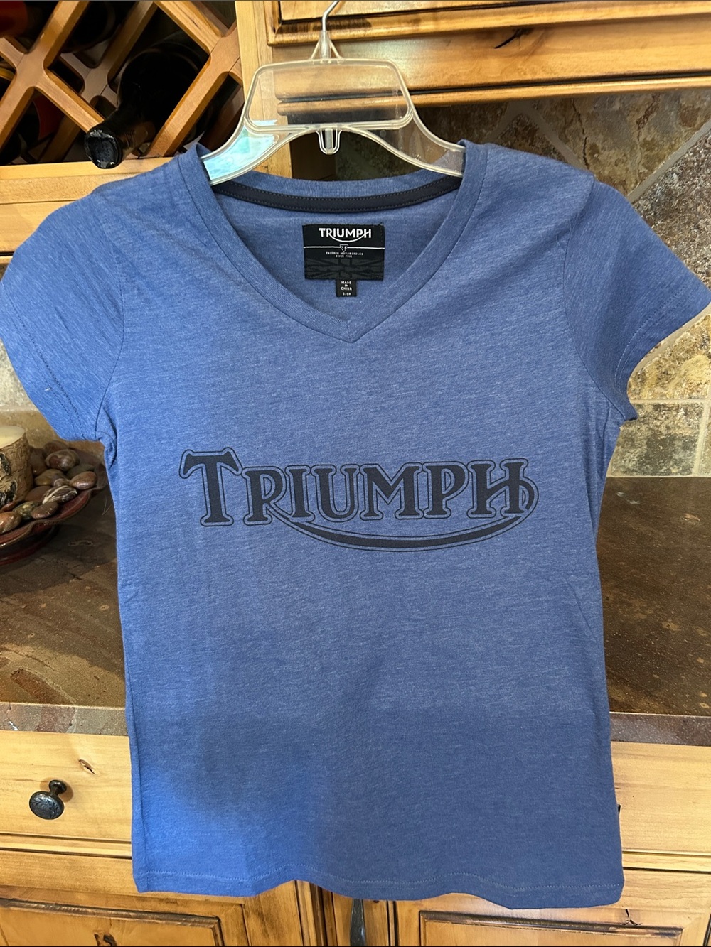 Triumph Heather Blue V-Neck Logo Tee size small NWOT